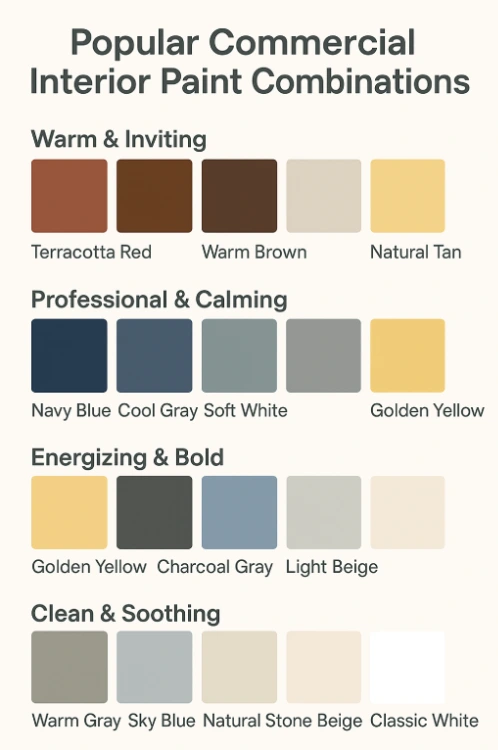 Popular commercial interior paint combinations: warm, calming, bold, and soothing palettes with sample colors