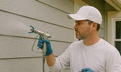 Professional painter applying elastomeric paint to exterior siding