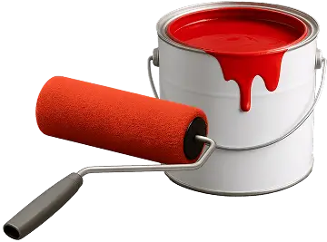 Paint roller and open paint can with red paint