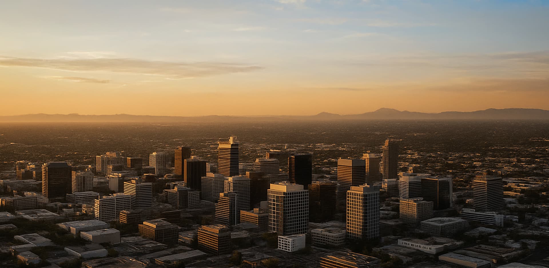 Phoenix, Arizona skyline at sunset with downtown buildings
