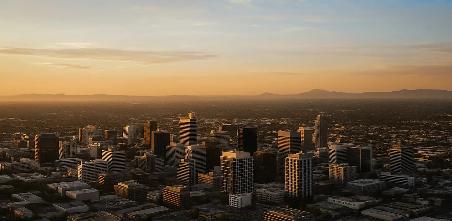 Phoenix, Arizona skyline at sunset with downtown buildings
