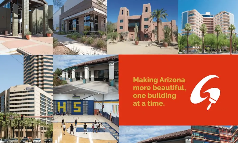 Commercial building exterior with fresh paint and Arizona landscape