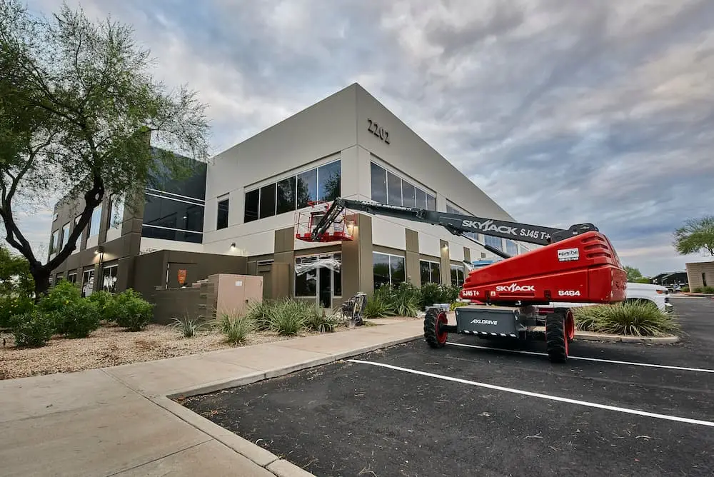 Exterior of modern commercial office building with professional exterior painting