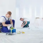 Professional painters preparing and painting interior room