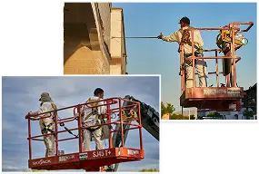 Commercial painters using aerial lift to paint building exterior