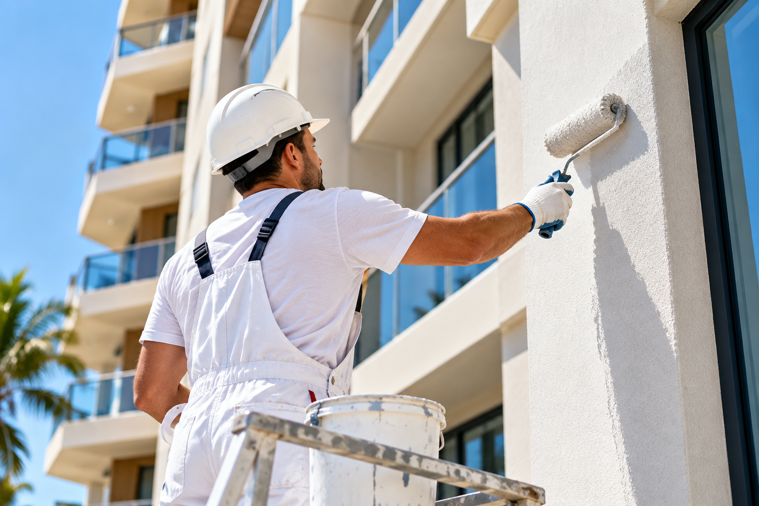 Elastomeric exterior coating and painting application showing thick waterproof paint